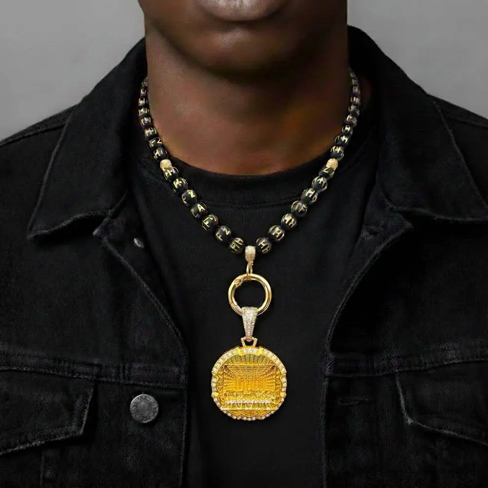 Big Gold Round Pendant Engraved Letter Bead Chain - Hifzah | Name Bead ...